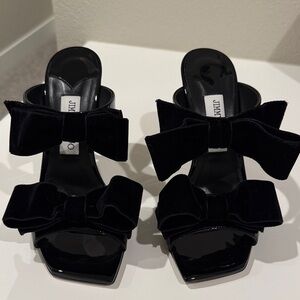 Jimmy Choo Flaca Sandals Black Patent Heels with Velvet Bows - authentic